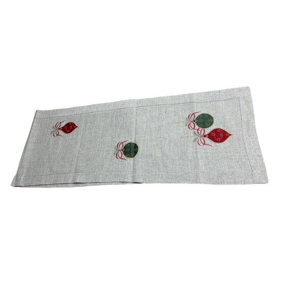 Vintage Christmas Linen Table Runner Embroidered Ornaments Beige Red Green - Picture 2 of 6